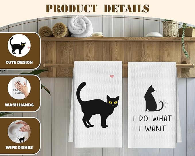 Kitchen Towels Set of 2, Black Cat Dish Towel for Kitchen, Decorative Hand Towels for Bathroom, Fast Drying Tea Towel with Funny Sayings, Housewarming Gifts for Cat Lover Women Mom -B05