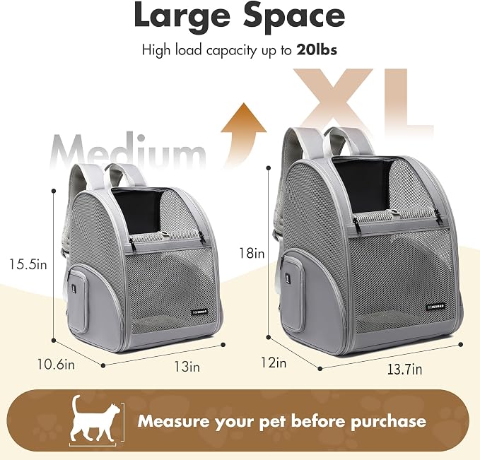 Pet Backpack Carrier ，Large Cat Carrier Backpack Up to 20 Lbs with Breathable Mesh, for Medium Large Cats or Small Dogs, Travel Hiking Camping Backpack (Gray-XL)
