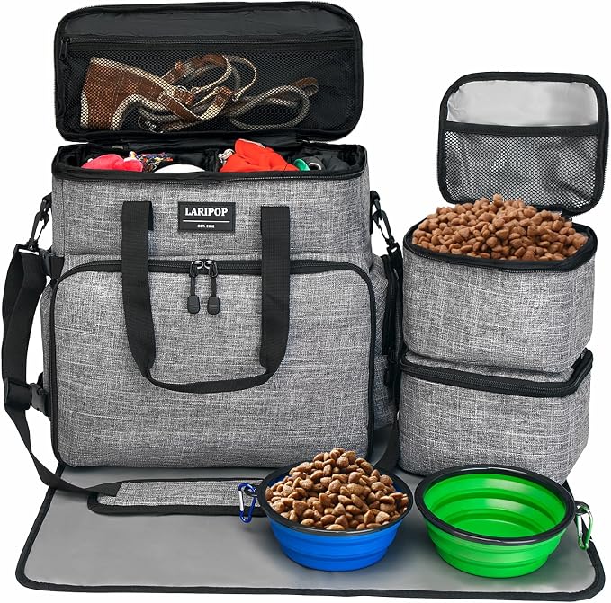 LARIPOP Dog Travel Bag Airline Friendly for Small Medium Large Dogs, Pet Travel Organizer with Collapsible Bowls Food Containers Mat, Waterproof Portable Tote for Dog Outdoor Travel