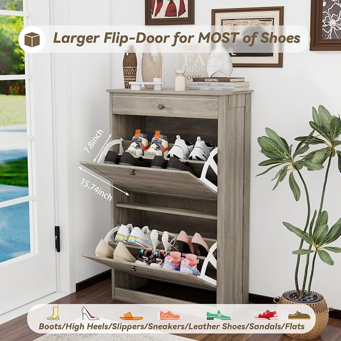 Shoe Cabinet with 2 Flip Drawers, Freestanding Shoe Storage Organizer | Narrow Shoe Rack with Drawers, Slim Shoe Cabinet for Entryway, Closet, Hallway, Living Room, Rustic Gray