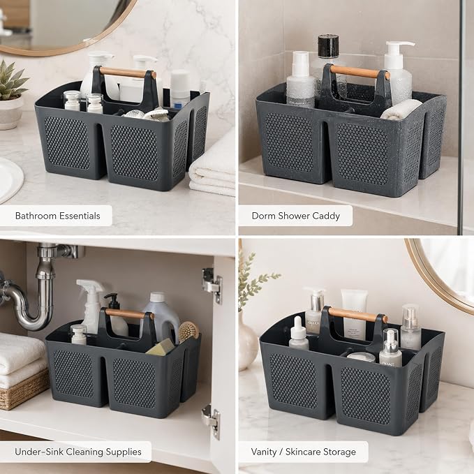 Haundry Portable Shower Caddy Tote with Wooden Handle, 3 Compartment Plastic Organizer Basket for College Dorm Essentials, Bathroom Cleaning Supplies, Gray