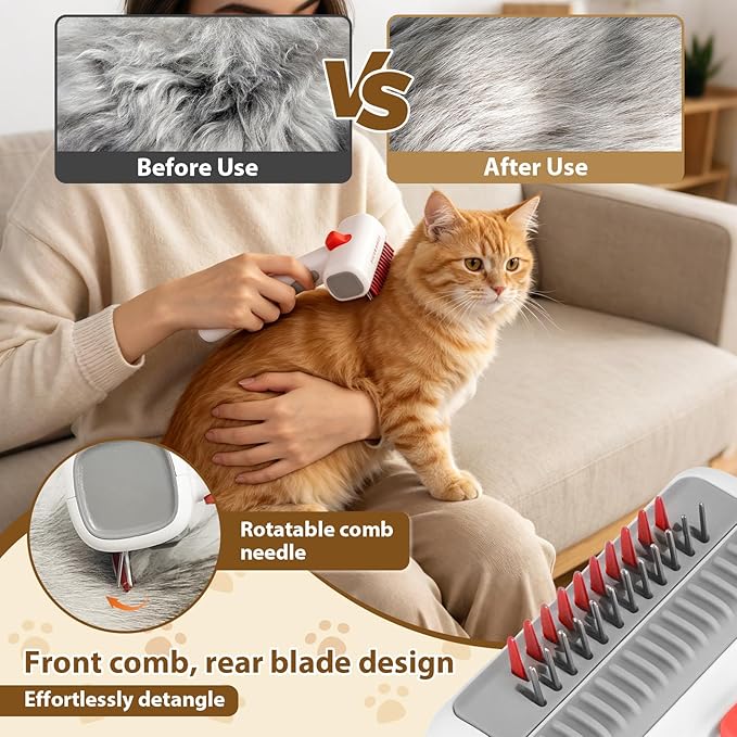 2-in-1 Pet Self-Detangling Grooming Comb - Professional Deshedding Tool for Dogs & Cats - Gentle Undercoat Rake & Brush for All Fur Types - Effectively Removes Mats, Tangles & Loose Fur (1 Pack)