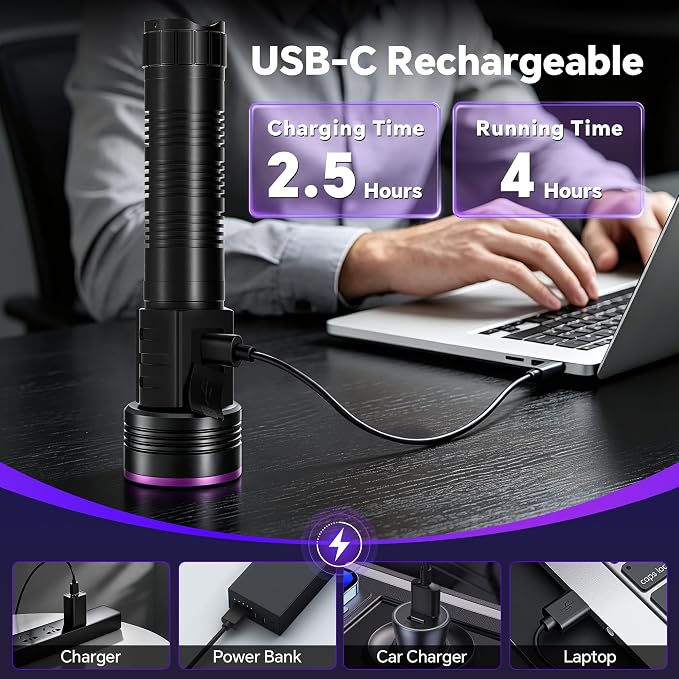 365nm 5xLED Blacklight UV Flashlight Rechargeable Powerful UV Light | LCD Display,Powerful Portable Ultraviolet Black Light for Pet Urine Detection, Home, Scorpions, Resin Curing, Leak
