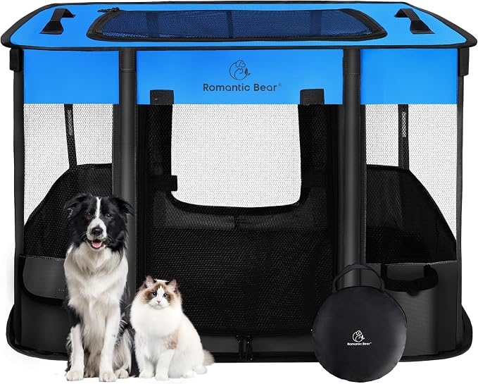 ROMANTIC BEAR Dog Playpen,Foldable Pet Puppy Cat Playpen,L(40"x32"x24") | Dog Crate with Upgrade Breathable Mesh and Durable 600D Oxford Cloth,Sturdy Dog Cage Indoor & Outdoor for Small Animals,Blue