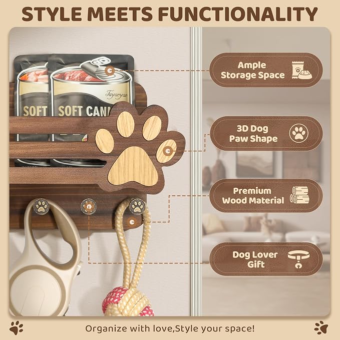 MTERSN Farmhouse Dog Leash Holder for Wall with Shelf for Pet Owner, Brown | 3D Paw-print Design, Mail Holder Wall Mount, 6 Hooks for Dog Leash, Keys & Wallets, Hold Mail, Letter & Frame, Rustic Decor