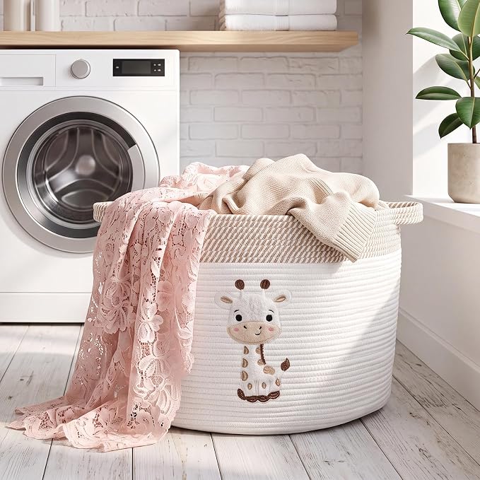 LemonRoad Extra Large Basket 20"x14", Woven Basket for Laundry Blanket Toy Box with Handle Storage, Blanket Storage for Living Room Nursery Pillows Chest(Cotton Rope,Giraffe,Brown White)