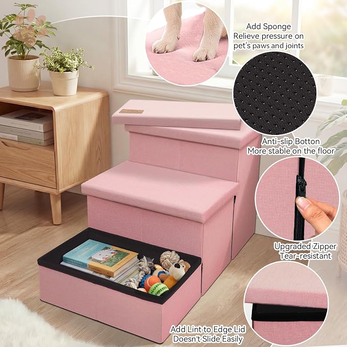Zerbuger Dog Stairs with Storage, Pink 3 Steps Dog Ramp no Condo for Bed | 18" H Wider Dog Steps for High Beds Couch, Folding Storage Pet Stairs Gift for Climbing Small/Medium/Large Old Dogs Cats