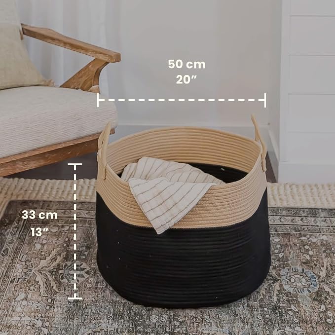OrganiHaus Round Toy Basket & Blanket Basket, Cotton Rope 20x13" | Black / Honey - Round Cotton Rope Basket, 20x13"