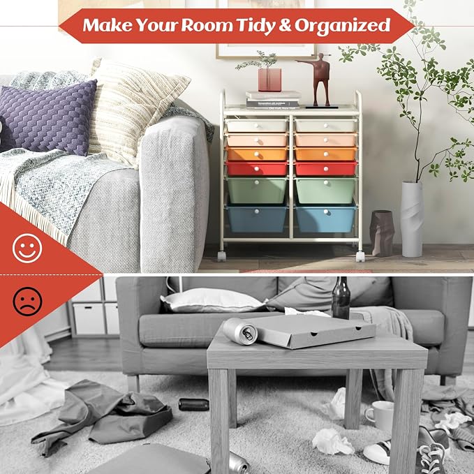 12 Drawer Rolling Storage Cart, Art Cart Organizer on Wheels, Mobile Utility Cart with Drawers, Multipurpose Craft Drawers for Home Office School Classroom (Macaron)