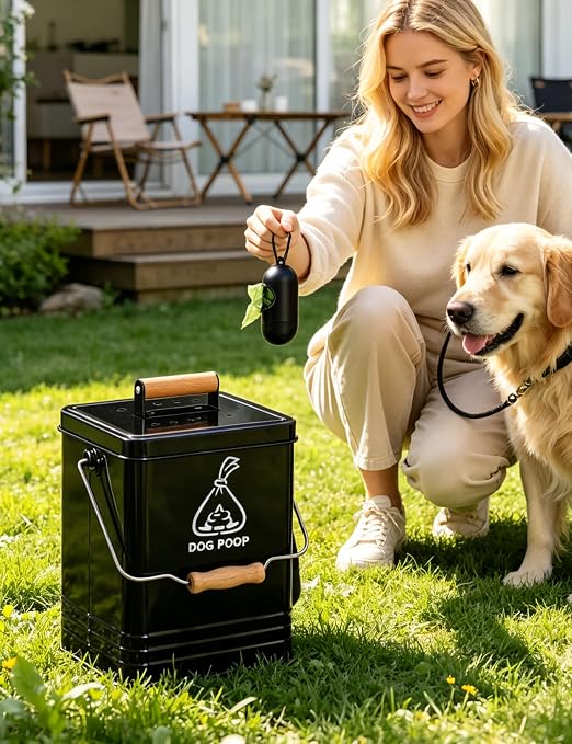 Dog Poop Trash Can Outside, Metal Pet Waste Trash Can with Lid & Handle, 5L/1.3Gal Dog Waste Station with Bag Holder & 30 Bags(Black)