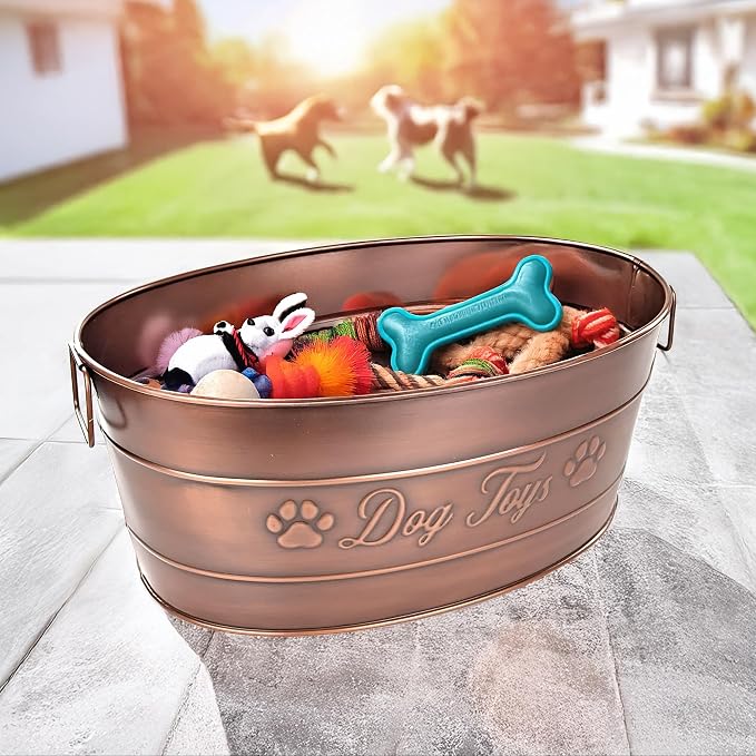 BREKX Copper Metal Dog Toy Storage Bin, Indestructible, Large | Toy, Blanket & Leash Organization • Carrying Handles