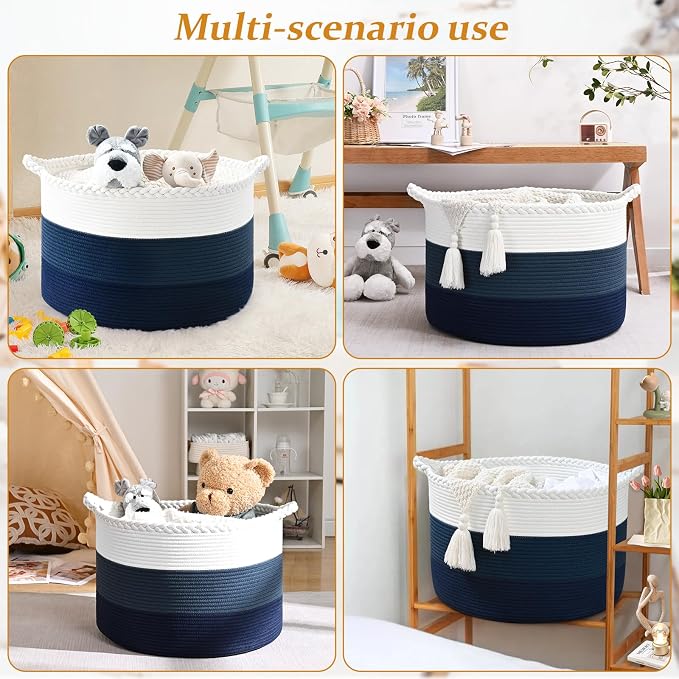 67L Large Woven Blanket Basket, Cotton Rope Baby Laundry Hamper with Handles, Kids Toy Basket for Classroom & Nursery, Soft Round Stuffed Animal Storage, Dog Toy Bin - 20"x13", Dark Blue