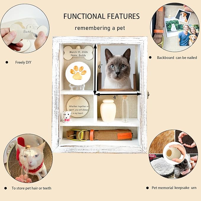 Solid Wood 11x14 Pet Memorial Shadow Box Frame with Adjustable Shelves Paw Print Kit Pet Urn Ashes Display Case White Dog Memorial Gifts for Loss of Dog