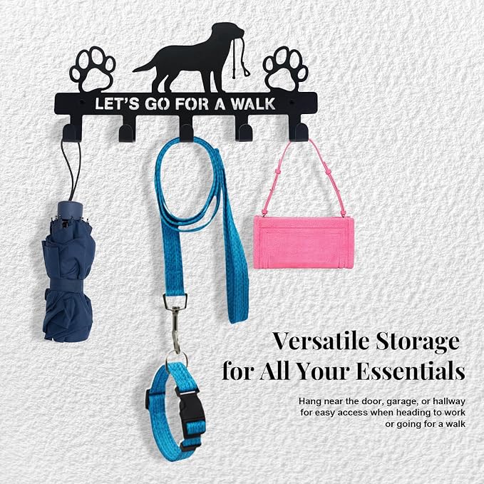 Dog Leash Holder for Wall, Key Holder Mount with 5 Metal Hooks, Pet Leash and Key Organizer, Screw Mounted Rack for Leashes Keys Collars, Entryway Garage Mudroom