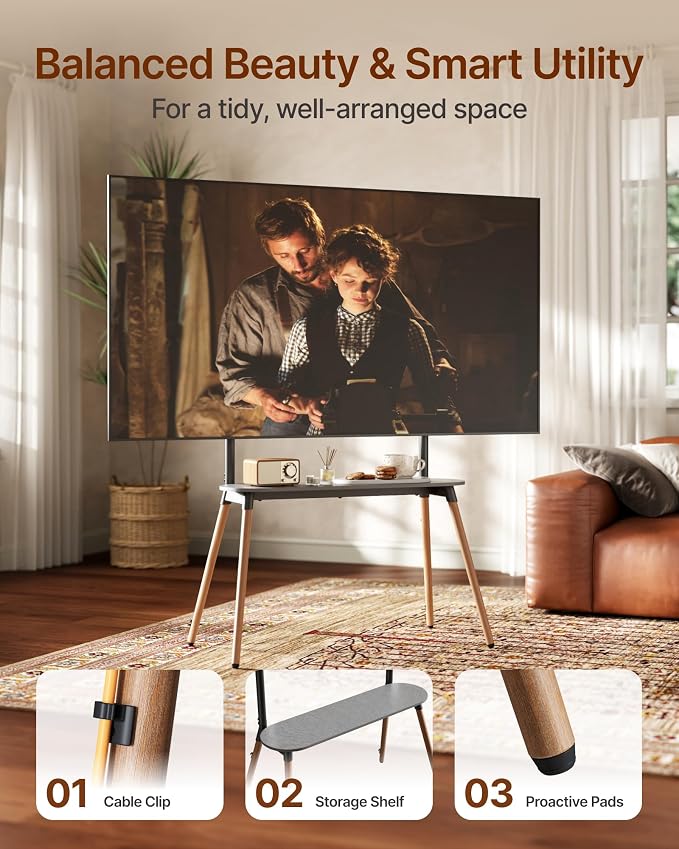 4-Leg Easel TV Stand for 49-86" TVs, 110 lbs, Black | Height-adjustable floor TV stand, storage shelf, cable management and protective pads for living room, office or school