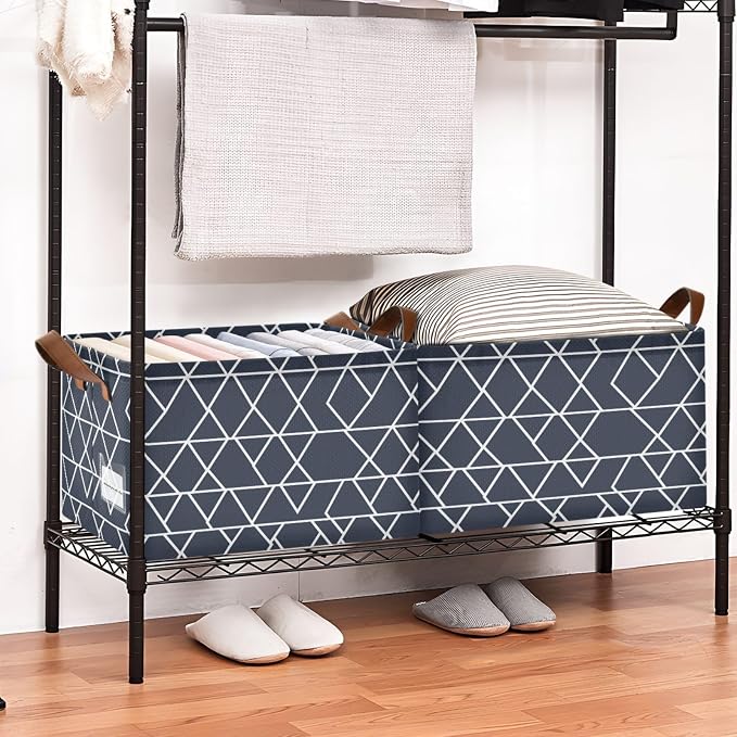 White and Dark Blue Geometric Storage Basket Foldable Cube Storage Bins with Handles&Label Waterproof Collapsible Organizer Box Bin Large Rectangle Decorative Baskets for Shelve Home Room Laundry-2 PC