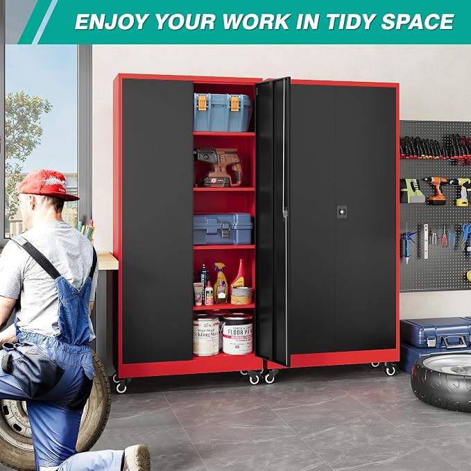 75" Tall Metal Storage Cabinet with Wheels,Rolling Garage Storage Cabinet with Lock,Red Metal Cabinets on Wheels,Locking Tool Cabinets on Wheel for Garage,Home,Office,Shop