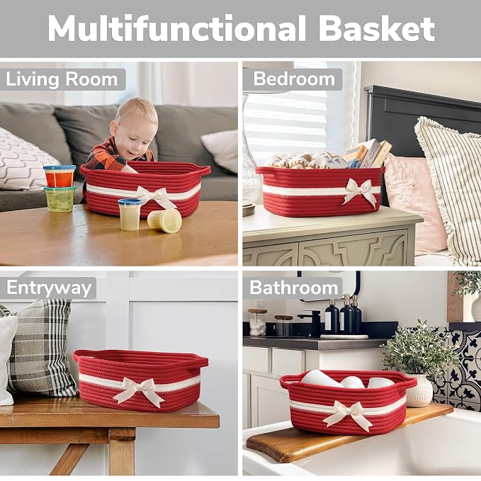CHICVITA Small Woven Rope Gift Basket, Decorative Burr Basket, Red | 13" x 10" x 5" Storage Baskets for Toys & Baby Essentials, Fits Nursery & Bedroom Organization, Built-In Handles, Bow Design