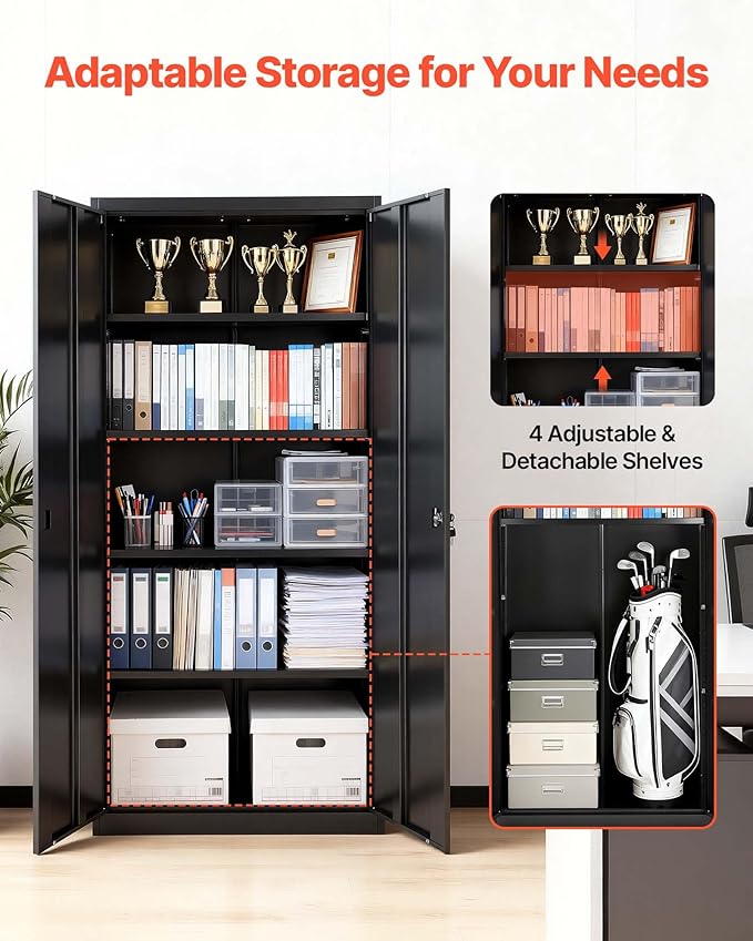 VEVOR Metal Storage Cabinet, Lockable Steel Garage Cabinet with Magnetic Doors and Adjustable Shelves, 2 Keys, 5-Tiers Tall Tool Locker for Home, Office, School, Pantry, Warehouse, Laundry, Black