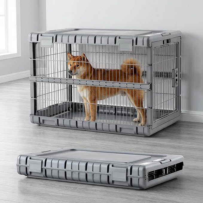 ZOMISIA Collapsible Dog Crate for Large Dogs - 36"L Heavy Duty Dog Kennel No Tools Required with 4 Sides Steel Foldable Cage for Dogs Indoor Furniture, Portable Carrier with 2 Smooth Wheels, Gunmetal