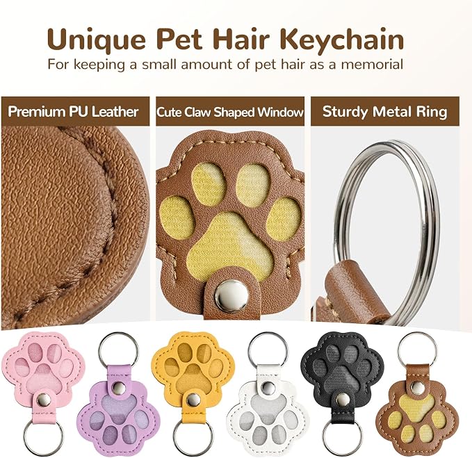 6 Pack Pet Fur Keepsake Keychain, Paw Shaped Leather Cat & Dog Hair Keepsake, Dog Hair Storage Cat Fur Collector Sympathy Memorial Gift for Loss of Pets, Pet Lover Commemorative Keyring