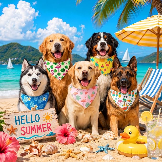 50 Pcs Summer Hawaiian Dog Bandanas Bulk Tropical Flower Pattern | Triangle Kerchief Bibs Scarf Set for Pets Hawaii Party Costume Photo Props Accessories, 25 Styles, 31.5 x 21.7 x 21.7 Inch