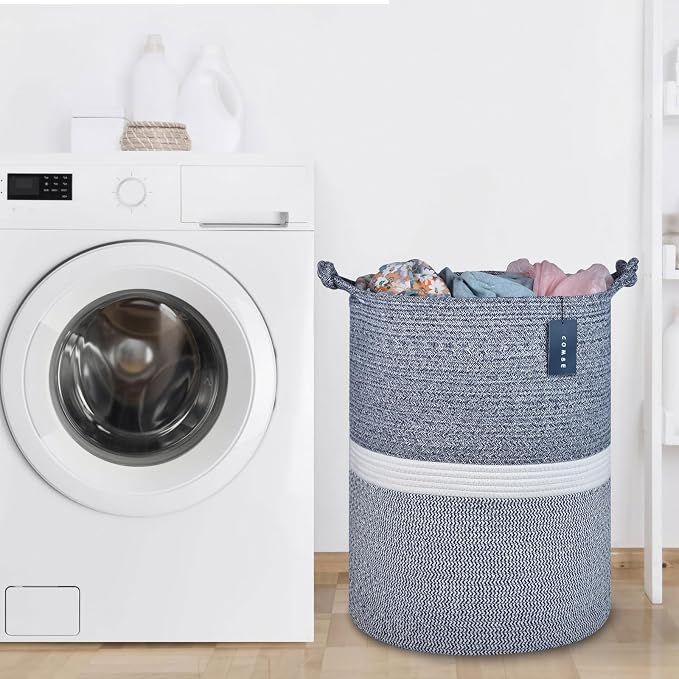 COMSE Tall Woven Blanket & Laundry Basket, 72L, Blend Navy Blue & White | 15.7”x 21.7”, Cotton Rope, Large Nursery Hamper for Storage of Toys Clothes Towels, Great for Living Rooms Bedrooms Bathrooms