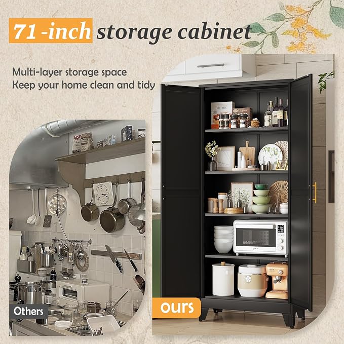 Black Pantry Storage Cabinet, 71" Metal Kitchen Pantry Storage | Steel Storage Cabinets with Doors and 4 Adjustable Shelves, Metal Storage Cabinet, for Office, Home, Garage, School