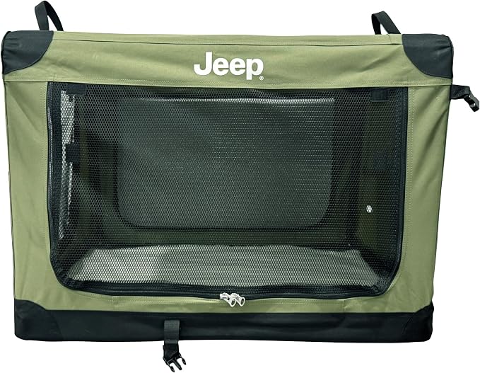 Jeep Portable Travel Crate for Dogs (Rugged Green) Easy Collapsible Soft Sided Kennel Carrier for Pets with Fleece Pad – Gifts for Jeep Owners (32 x 23 x 23 inch - Large)
