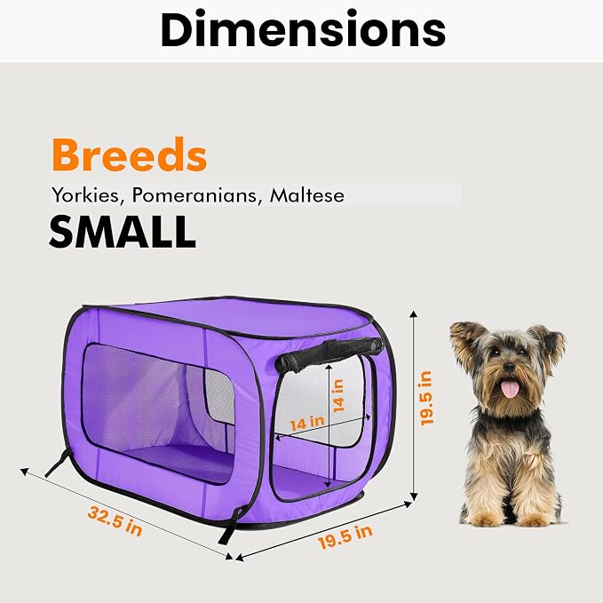 Portable Collapsible Pop Up Kennel, 32.5" L x 19.5" W x 19.5" H, Purple | Collapsible indoor/outdoor travel cat and dog crate with mesh screen windows pops up and folds flat for easy storage