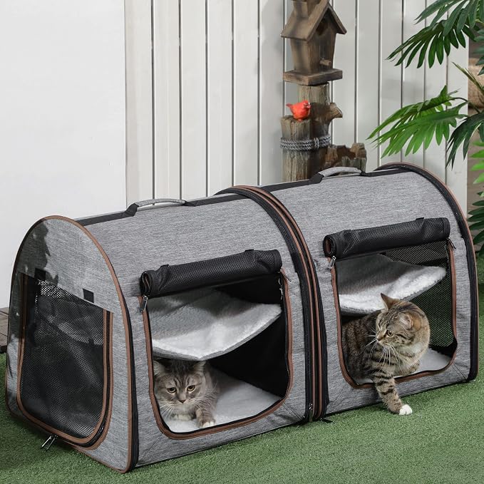 PawHut 39" Portable Soft-Sided Cat Carrier, Two Compartments, Light Gray | Cat Kennel, Travel Dog Crate with Divider, Soft Cushions & Storage Bag, Easy to Fold
