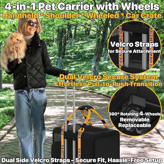 PAWZIDEA Expandable Large Pet Carrier with Wheels, 24x16x16 in Rolling Cat Carrier for 2–4 Cats up 55lb, Soft-Sided Collapsible Small Medium Dog Crate for Car Travel, Telescopic Handle, Storage Pocket