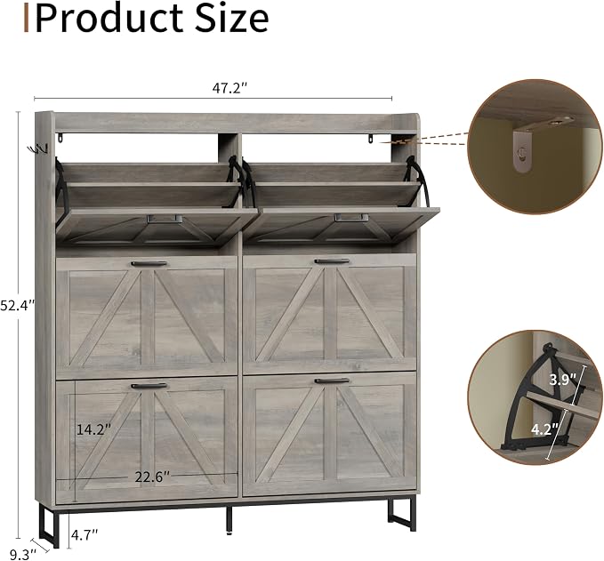 Xixini Shoe Storage Cabinet with 6 Flip Drawers, Entryway Shoe Rack, Grey | Freestanding Narrow Shoe Storage, Hidden Slim Wood Shoe Organizer, Modern Farmhouse, Open Storage & Hooks for Closet, Hallway