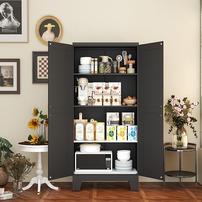 Black Metal Storage Cabinet, 61" Kitchen Pantry Cabinets for Office | Steel Kitchen Pantry Storage with Doors and 3 Adjustable Shelves, Metal Tool Cabinet, for Office, Home, Garage, School