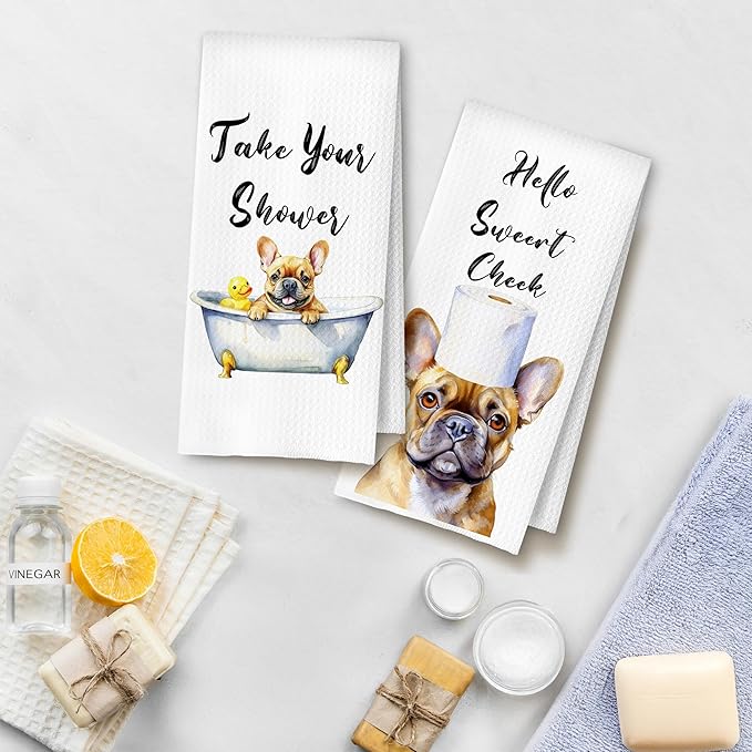 Funny French Bulldog Hand Towels for Bathroom Washroom, Dog Bathroom Decor, Gifts for French Bulldog Lovers, Frenchie Mom Gifts Hand Towels, 16x24 Inch Set of 4