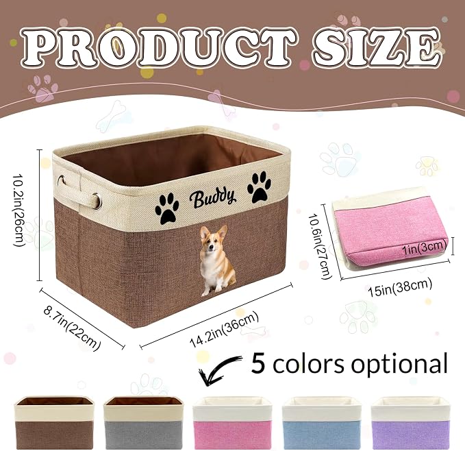 Personalized Dog Cat Toy Storage Basket with Photo & Name, Custom Collapsible Pet Organizer Bin with Handles for Toys, Clothes, Blankets & Pet Supplies