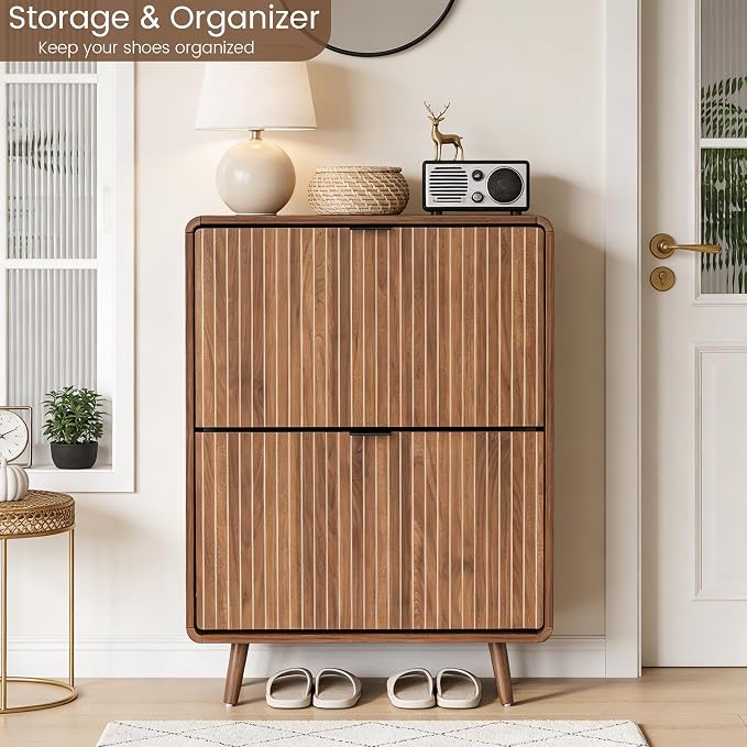 FurSch Fluted Shoe Storage Cabinet with 2 Flip Drawers | Narrow Shoe Rack Cabinet Organizer, Adjustable & Removable Shelves, for Entryway