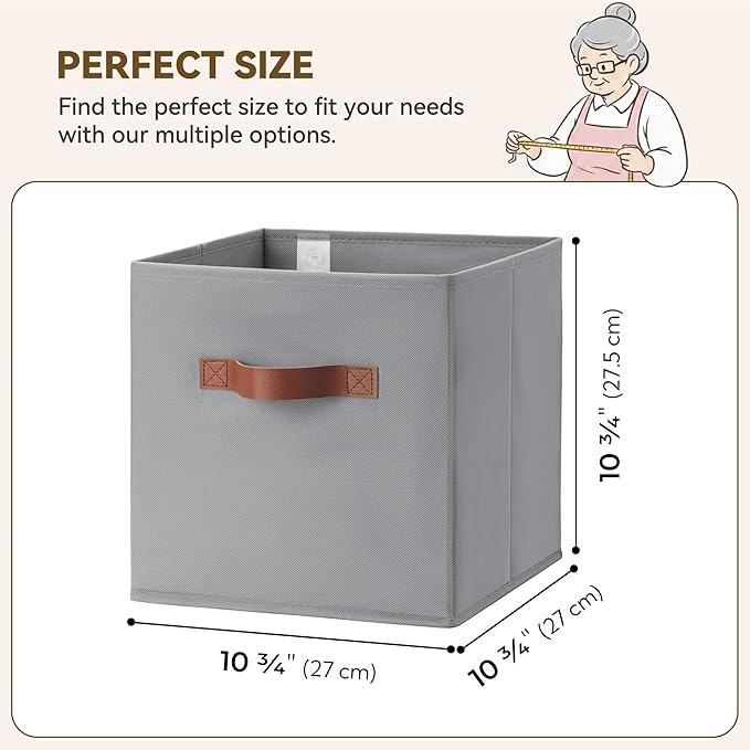 GRANNY SAYS 11 Inch Cube Storage Bins, 6-Pack Fabric Storage Bins, Grey | Collapsible Storage Boxes with Thickened Base Plate, Sturdy Handles, Decorative Baskets for Shelves, Closet