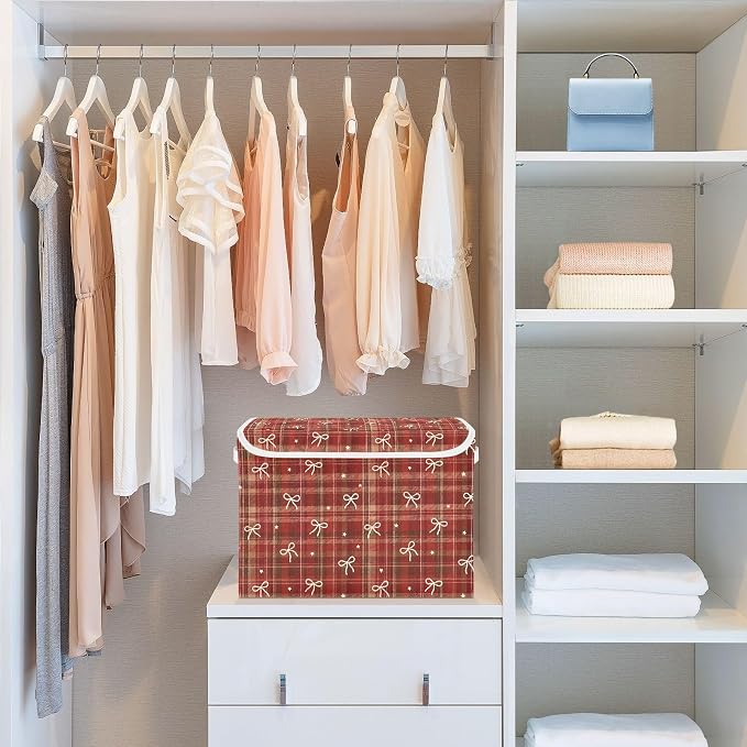 Christmas Fabric Storage Bins with Lid Foldable Cube Storage Boxes Baskets | Decorative Storage Boxes, 300D Oxford Cloth, Hollow Board Frame, Flip Top Velcro Lid, 16.5x12.6x11.8 inch, Collapsible Design