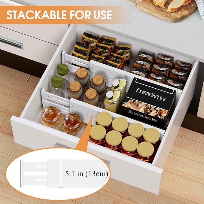 Bamboo Drawer Dividers, Adjustable Drawer Organizers, Fits 17.6–21" Drawers | 2.5" High, 8 Pack Expandable Drawer Separators for Kitchen, Nursery, Dressers & Office Storage, White