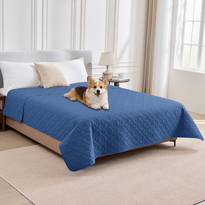 PAWFINITY Waterproof Bed Cover for Dogs, Pet Blanket for Mattress Washable | Paw Print Quilted, Hair Resistant, Anti Cat Scratch, Pee Proof Furniture Protector for Cal King Bed, 82x102 Inch, Blue