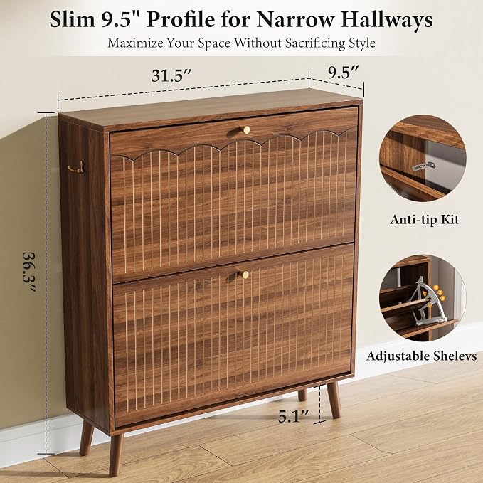Mid-Century Modern Slim Shoe Cabinet for Entryway, 9.5" Narrow Shoe Storage Cabinet with Architectural Arched Fluted Front, Entryway Shoe Storage with Adjustable Shelves,Classic Walnut