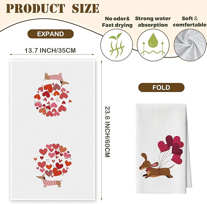 Kitchen Towels Set of 2, Dachshund Dish Towel for Kitchen, Decorative Hand Towels for Bathroom, Fast Drying Tea Towel with Love, Housewarming Gifts for Wiener Dog Lover Women Mom -B02