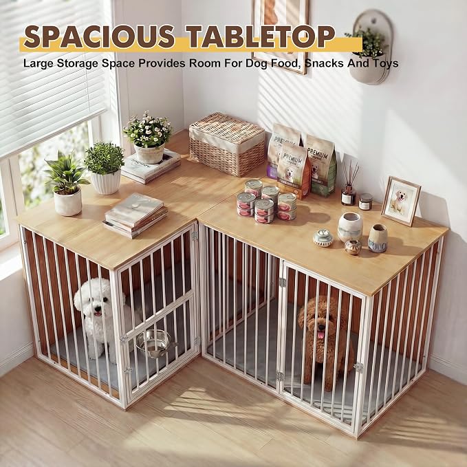 Dog Crate Furniture for 2 Dogs, Corner Heavy Duty Double Dog Kennel Furniture with Divider, Indoor Wooden Dogs Crate Large Breed (White)