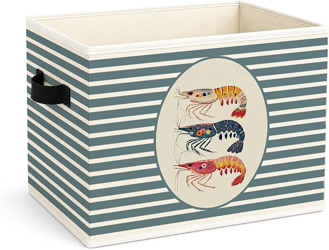 Shrimp Storage Bin, Nautical Ocean Blue Stripe Fabric Basket | Foldable shrimp fabric organizer for nursery, bedroom, bathroom, toys, books, and clothes