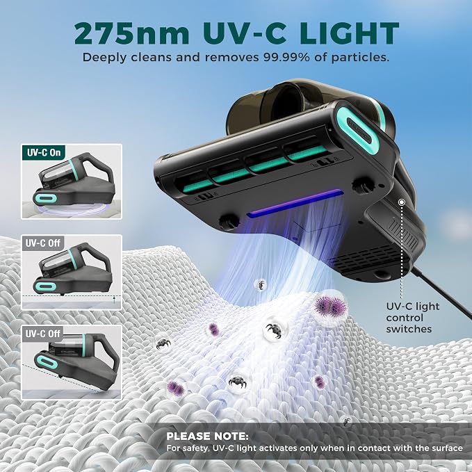 HAUSHOF Mattress Vacuum Cleaner, 15Kpa Bed Vacuum Cleaner | 275nm UV-C Light, 140°F Heat, Aromatherapy, HEPA Filter, Dual Dust Cups, Versatile Handheld Vacuums for Bed, Sofa, Couch