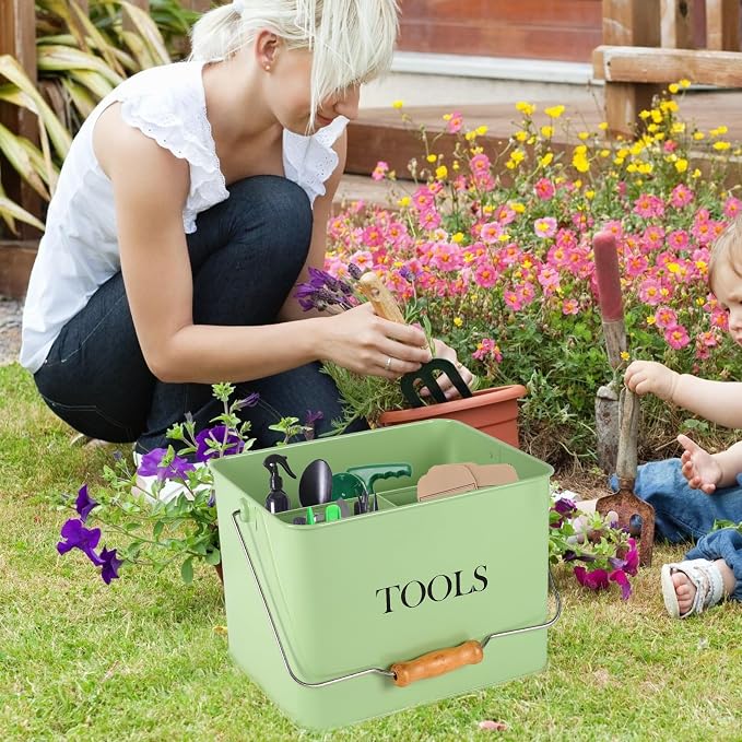 Garden Tool Organizer, Metal Tool Caddy with 3 Compartments, Portable Garden Tool Basket with Handle, Gardening Tool Kit Holder Empty, Garden Tool Storage for Indoor and Outdoor Use - Green