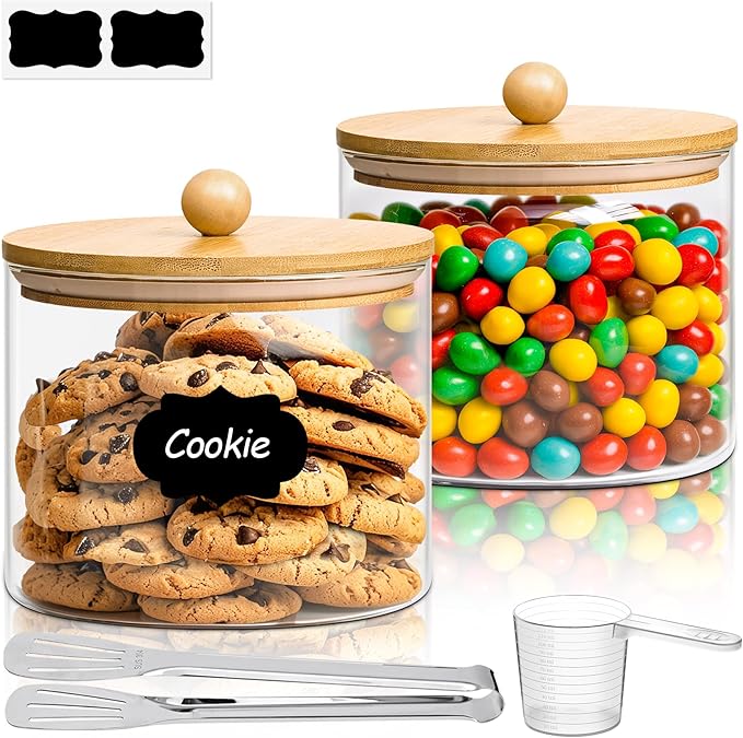 ComSaf Glass Storage Jars with Bamboo Lids 1.8 Qt 2 Pack Large Round | Flour Sugar Coffee Beans, Pasta Cereal Dry Food, Large Capacity, Kitchen Storage, Cabinet Organization,Clips included
