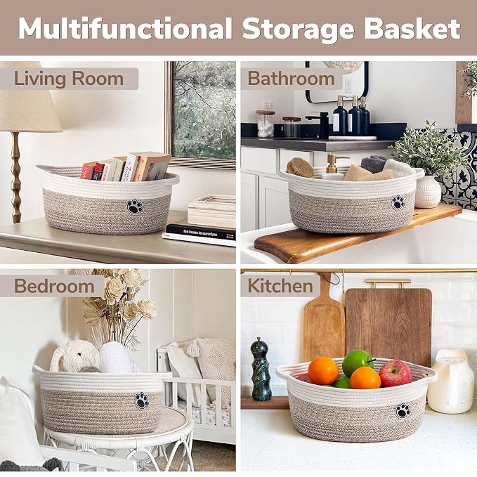 Medium Woven Rope Dog Toy Basket with Paw Print, Mixed Brown | 13.6"x 10" x 6", Cotton Rope Dog Toy Bin & Box, Gift Basket Empty With Handles, Storage Basket for living Room Bedroom