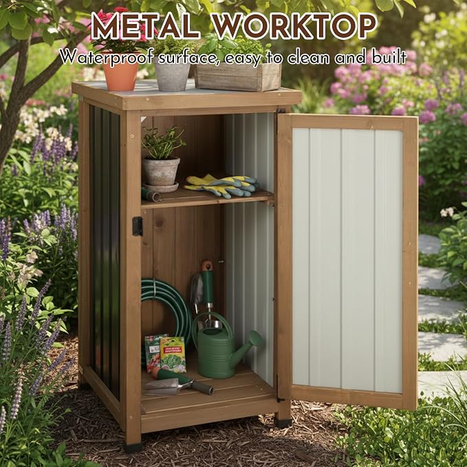 Ketive 33.5" H Small Storage Corner Floor Cabinet, 2 Shelf Narrow Storage Unit with Adjustable Shelves, Metal Top for Organizing Garage, Pool, Laundry Room,Planting Work Station or Small Spaces